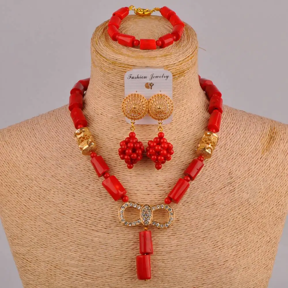 

African Bead Necklace India Fashion Nigeria Wedding Jewelry Set Cylindrical Red Jewelry Coral Bead SH-02