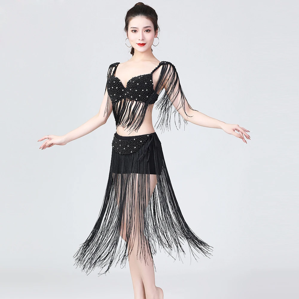 Girls Dancing Clothes Tassels Party Outfit Nightclub Wear DJ Beads Belly Dance Costume Bra Belt with Long Fringes