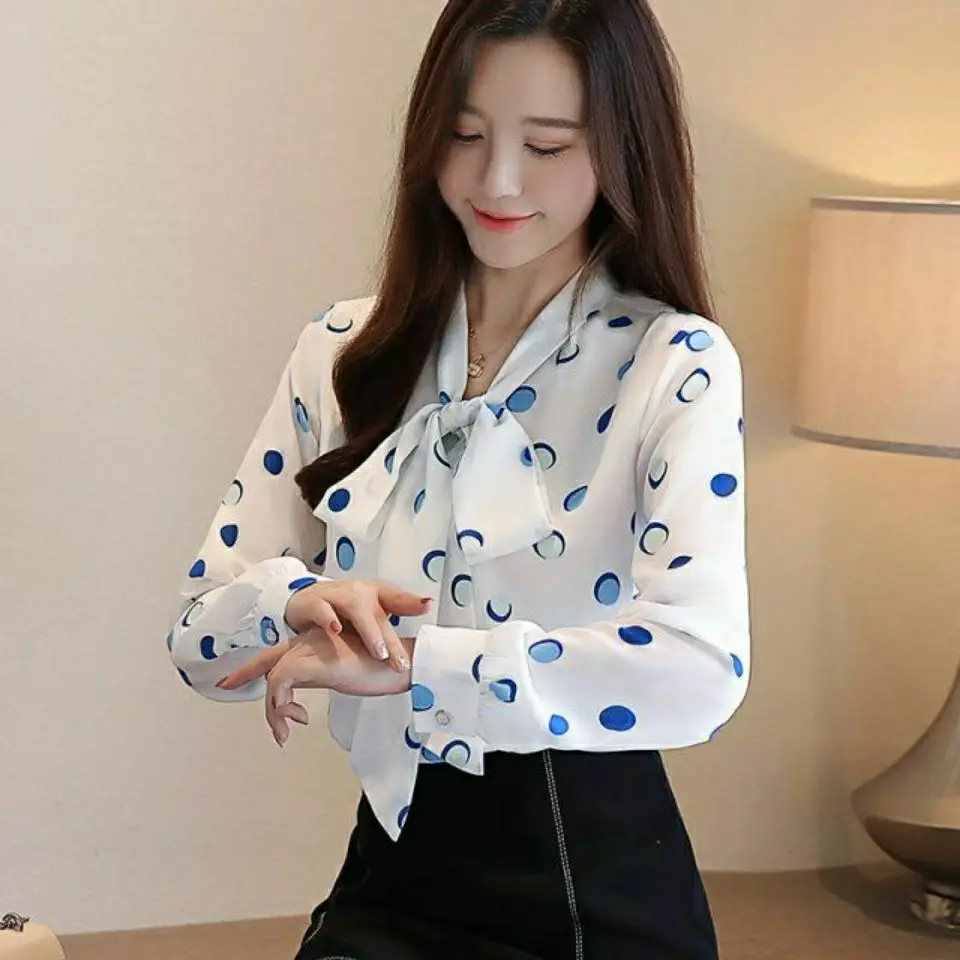 Fashion Women Blouse Bow Tie V-neck Chiffon Elegant Oversize Shirt Polka Dot Print Long Sleeve Ladies Top Female Office Clothes