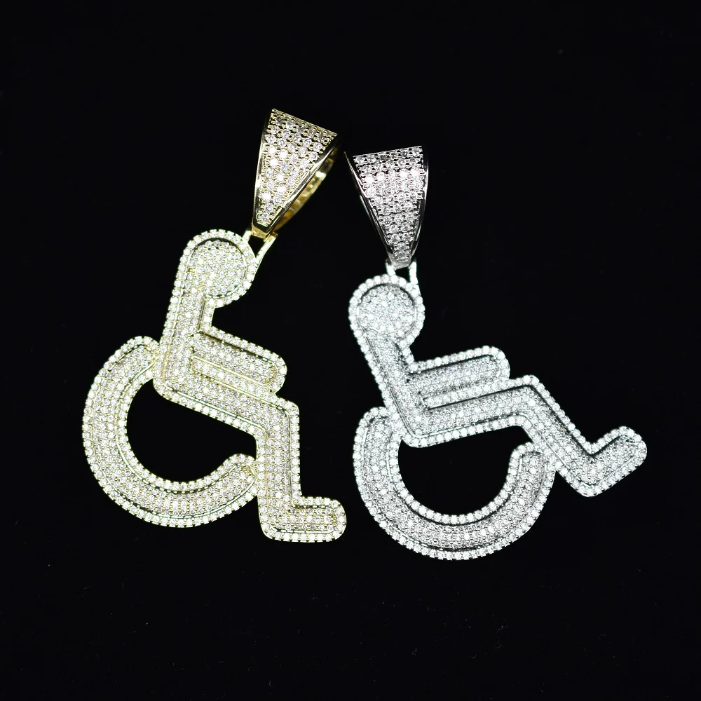 Iced Out Disabled Wheelchair Logo Pendant Necklace Gold Silver Color Bling CZ Crystal Hip Hop Rapper Chain for Men Women