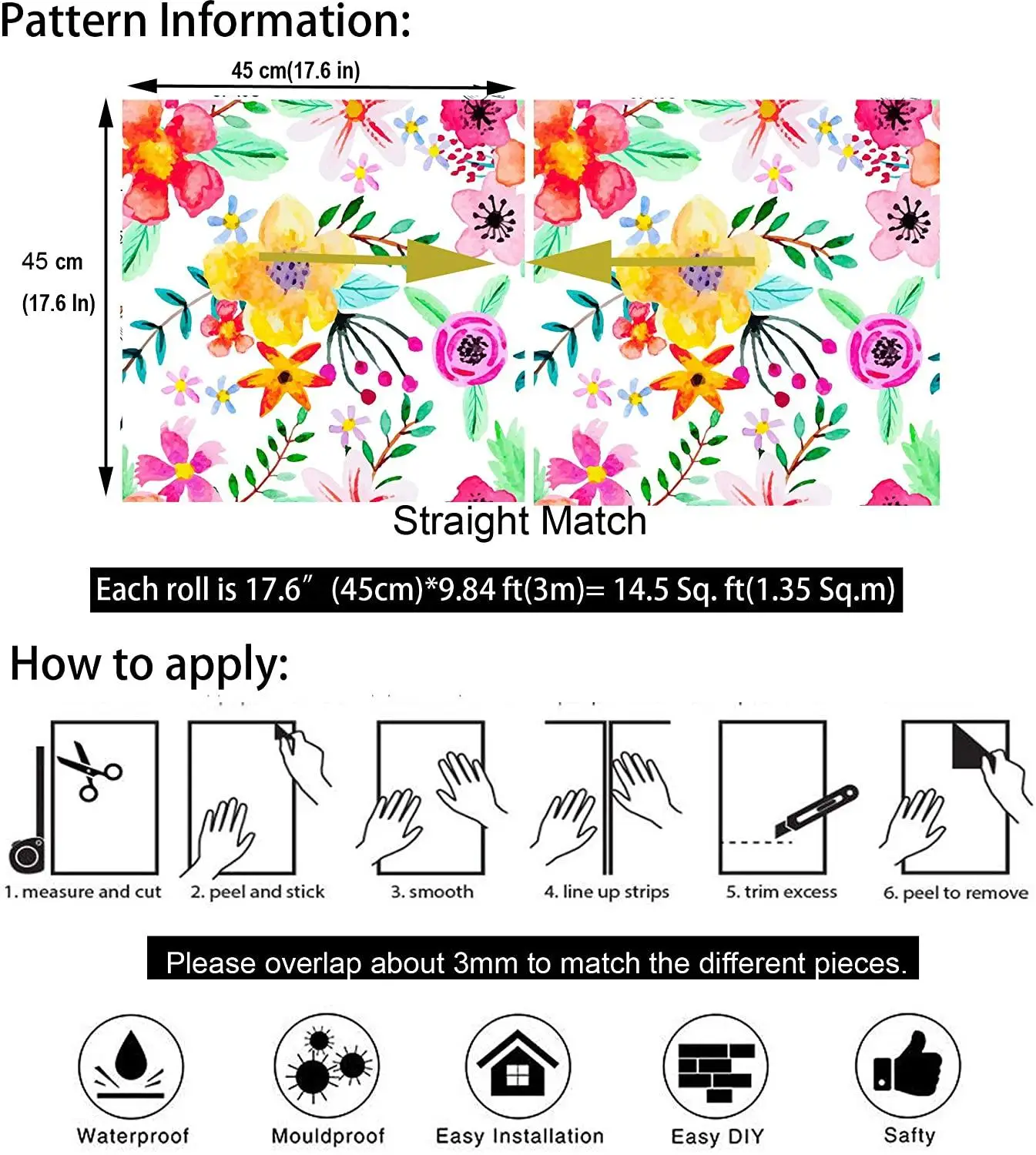 HaoHome Peel and Stick Handpainting Seamless Watercolor Red/Yellow/Purple Flower Green Leaves Self-Adhesive Contact Paper