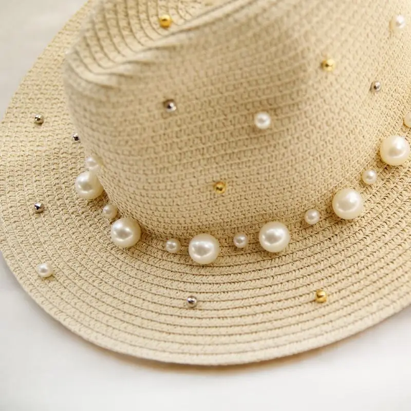 New Spring Summer Hats For Women Flower Beads Wide Brimmed Jazz Panama Hat Sun Visor Beach Hat Flower Pearl rivet Straw Hat