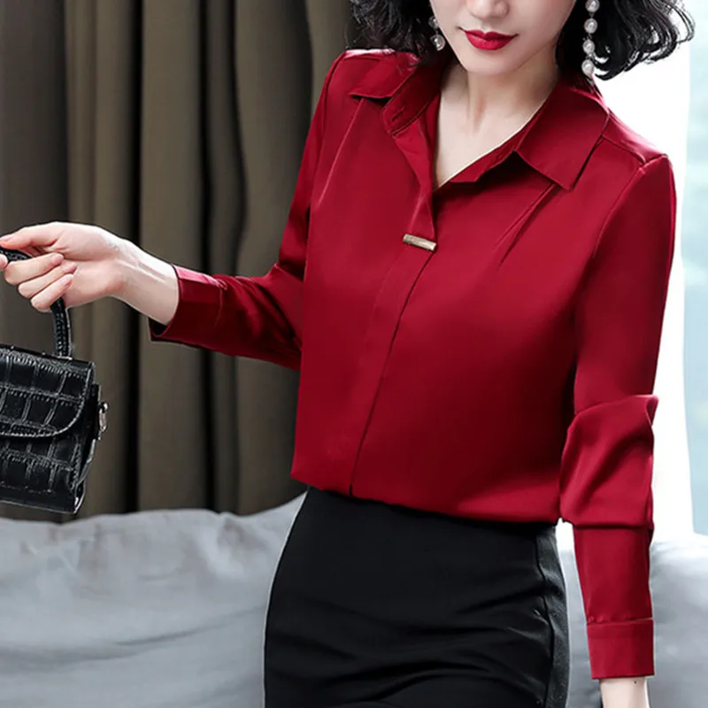 Vrouwen Zijden Shirts 2023 Lente Mode Solide Losse Mode Dames Tops Button Lange Mouwen Blouse Turn-Down kraag Vrouwen Shirt