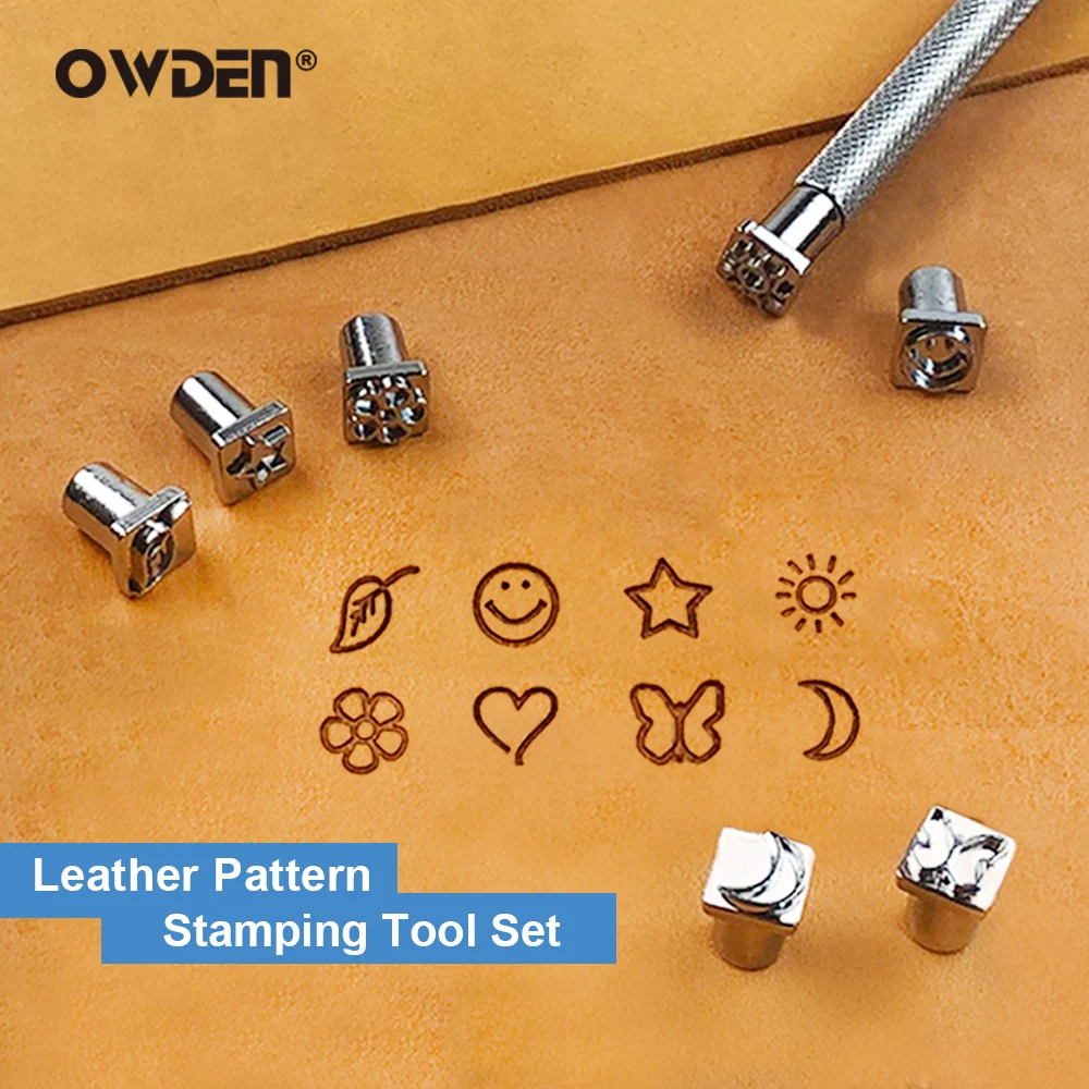 OWDEN 9Pcs Leather Pattern Stamping Tool Set Metal DIY Manual Art Printing Stamps