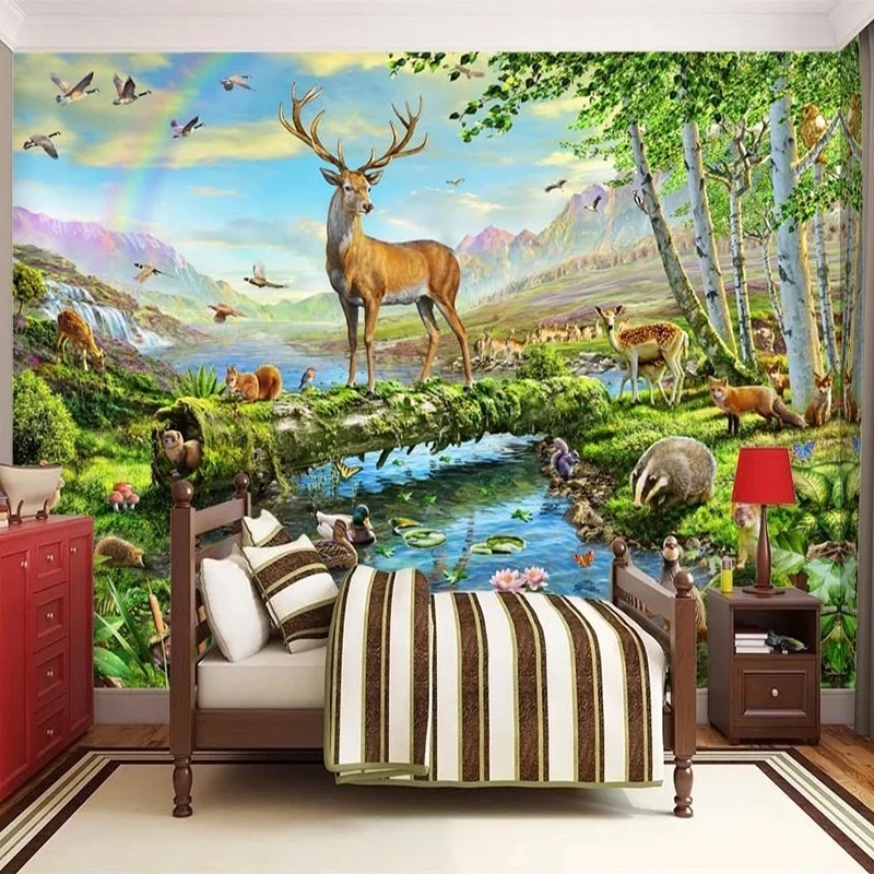 

Custom Mural Wallpaper 3D Deer River Animal Forest Landscape Photo Wall Painting Children's Room Background Wall Papel De Parede