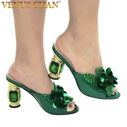 Neueste Grüne Farbe Afrikanische Pumps Schuh Sommer High Heels Italien Frauen Hochzeit Schuhe Strass Elegante Frauen Sommer Slipper Schuhe