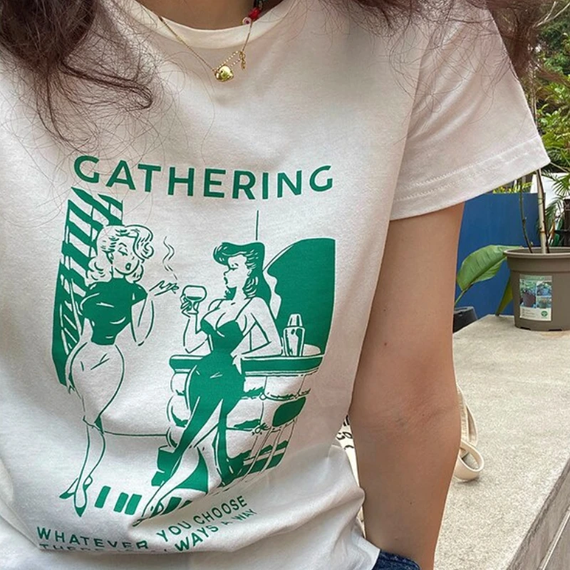 

kuakuayu HJN Gathering American Vintage Cartoon Printed Tshirt Short Sleeve Graphic Tees Short Sleeve Aesthetic Chic Summer Top
