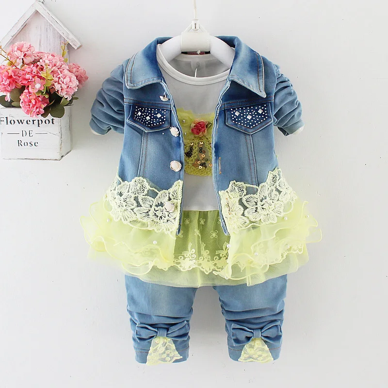 6 m-4 T bahar sonbahar bebek bebek kız Denim giyim setleri 3 adet uzun kollu T gömlek elbise Tops denim ceket ve kot pantolon