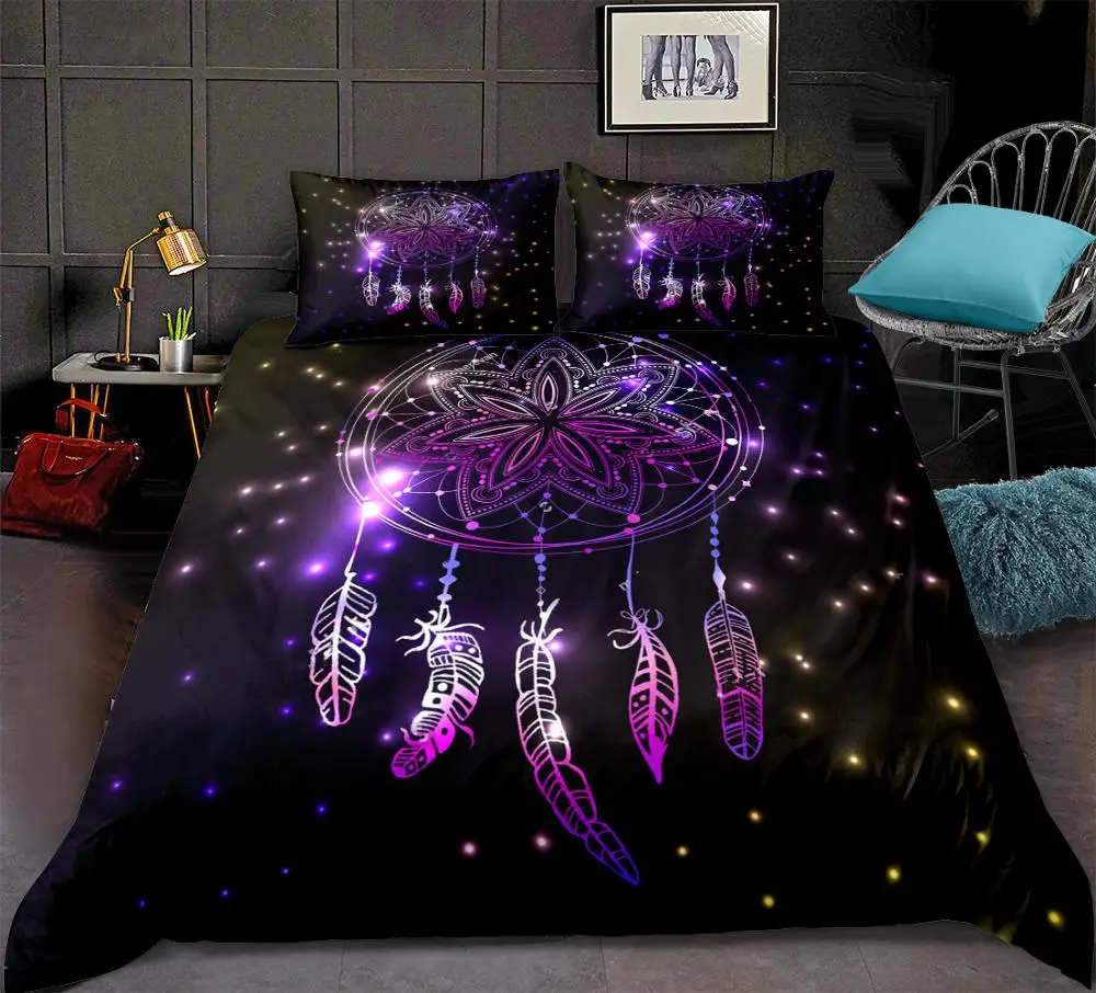 3 Pieces Pink Dreamcatcher Duvet Cover Set Boho Dreamcatcher Bedding Night Sky with Flashes and Stars Quilt Cover Queen Dropship