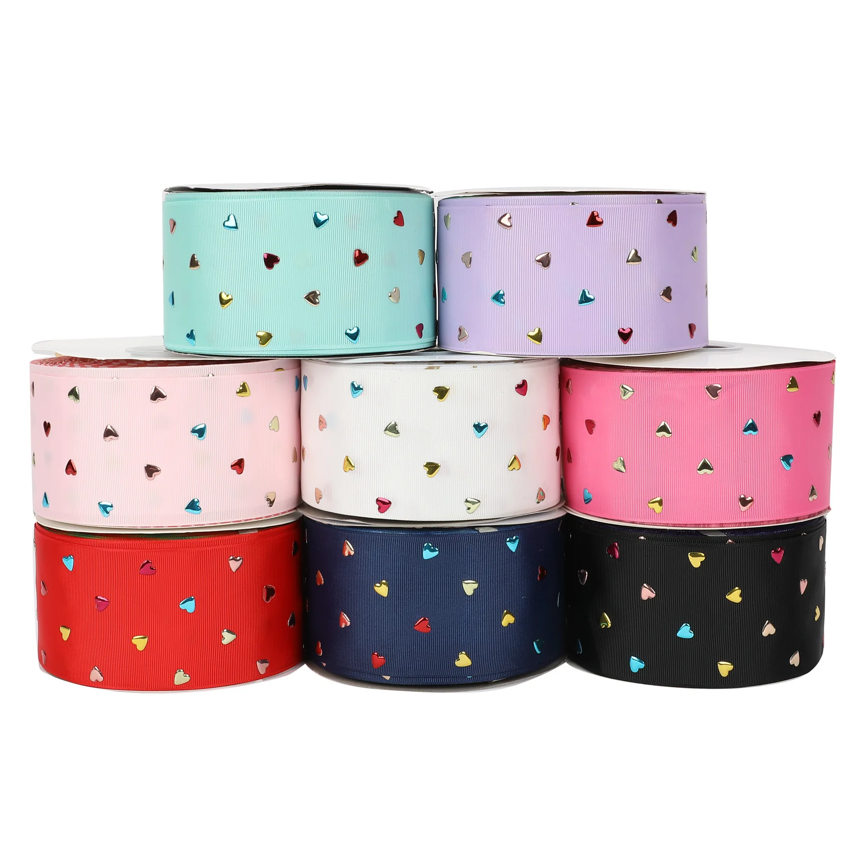 HSDRIBBON 75MM 3inch Listones Love Heart Metal Foil on Grosgrain Ribbon