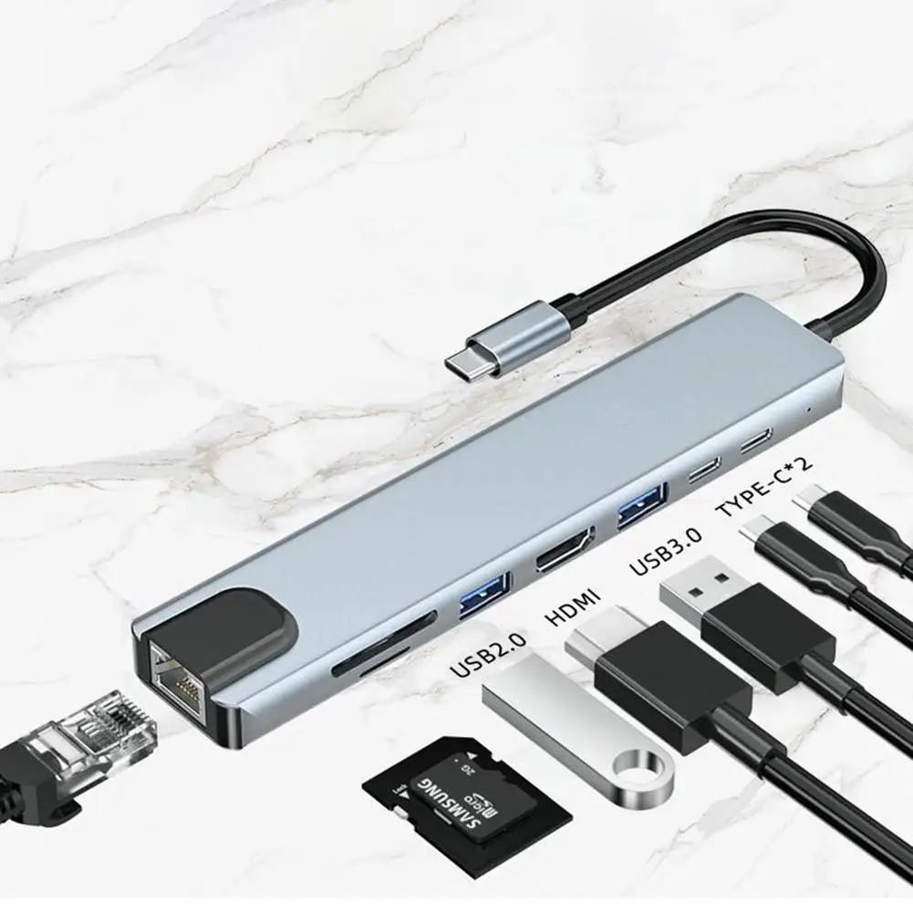 8 في 1 USB C Hub مع 4K HD MI-متوافق مع حجم صغير USB C قفص الاتهام محول إيثرنت لمعظم أجهزة USB نوع C