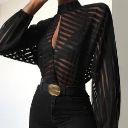 Women Mesh Lace Blouse Pull Long Sleeve Striped Mock Neck Back Button Sheer Shirt Loose Mesh See Through Wild Tops Clothes