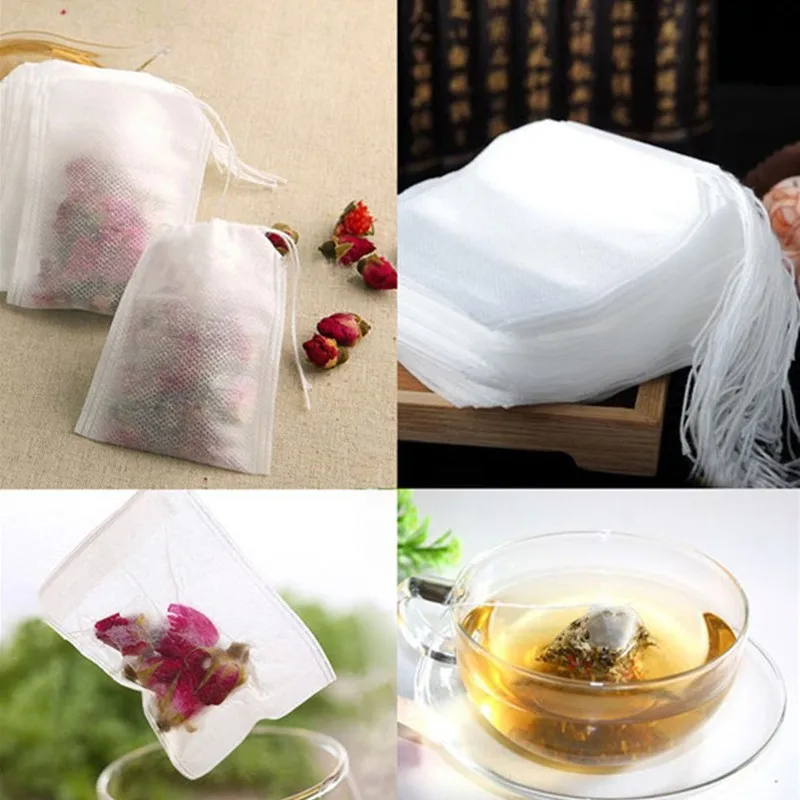 Bolsas de té de tela no tejida de grado alimenticio, filtro para Infusor de té de especias con sello de cuerda, filtros de especias, 100 Uds.