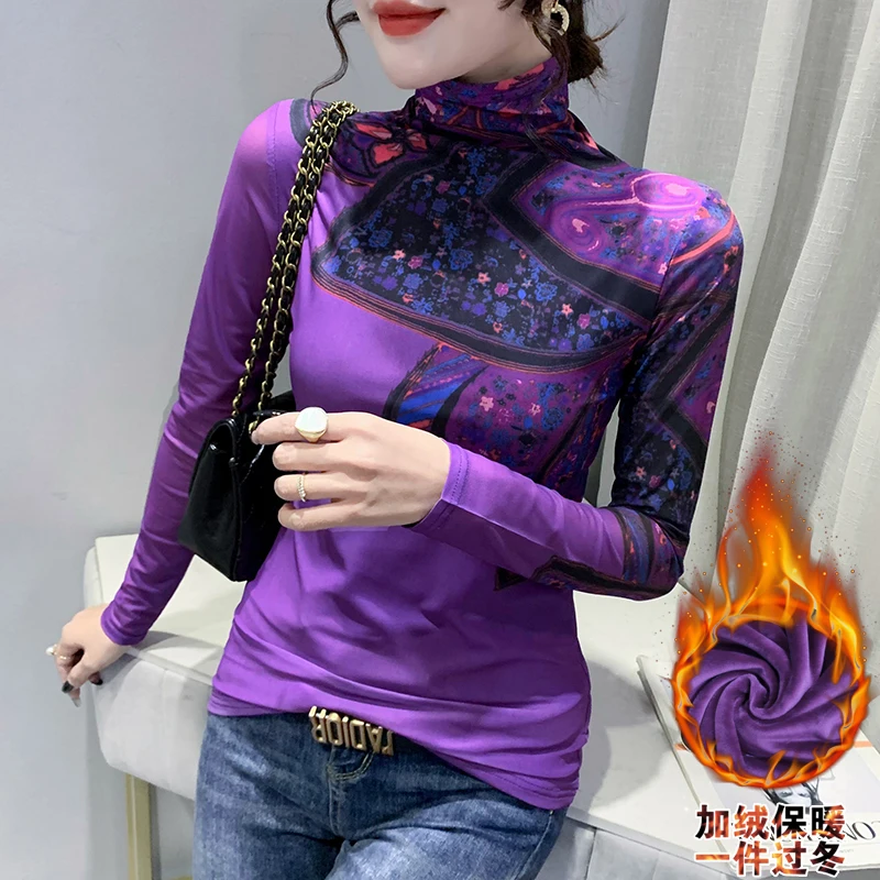 MadBlack Korean Clothes Lady Mesh T-Shirt Chic Turtleneck Print Women Tops Long Sleeve Fleece Bottoming Shirt 2022 Tees T1D029A