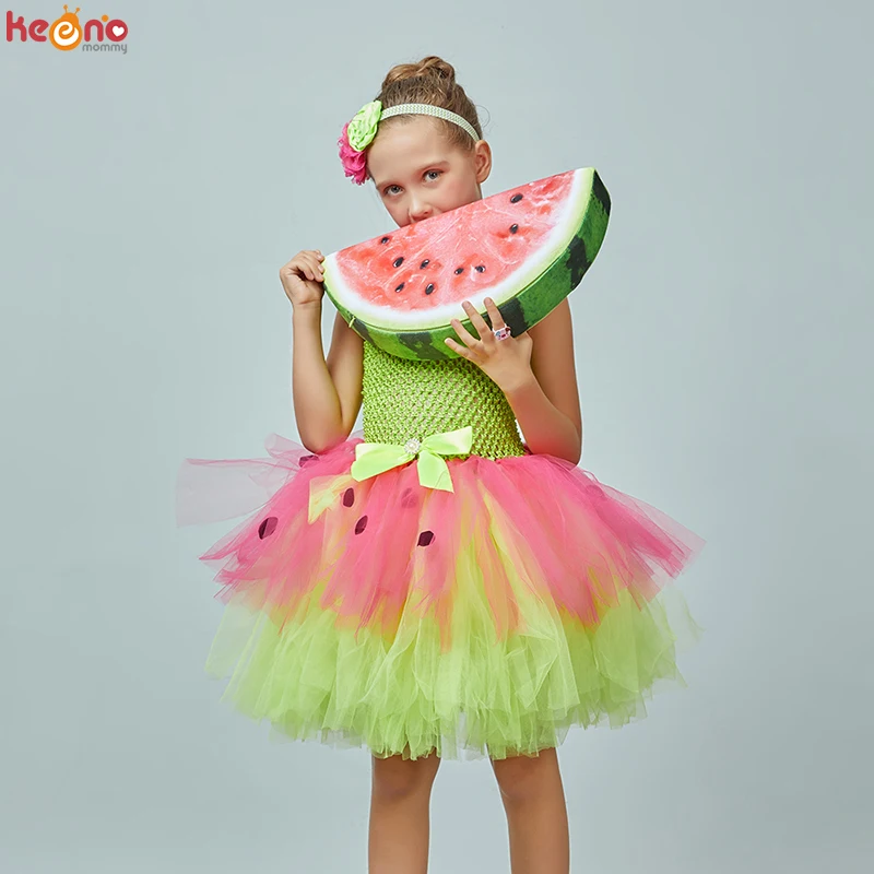 Lime Green and Fuschia Watermelon Girls Tutu Dress & Headband Set Kids Fruit Birthday Party Halloween Ballerina Photo Costume