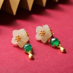 Original Design Natural Hetian White Jade Earrings Chinese Retro Light luxury charm women's brand silver jewelry