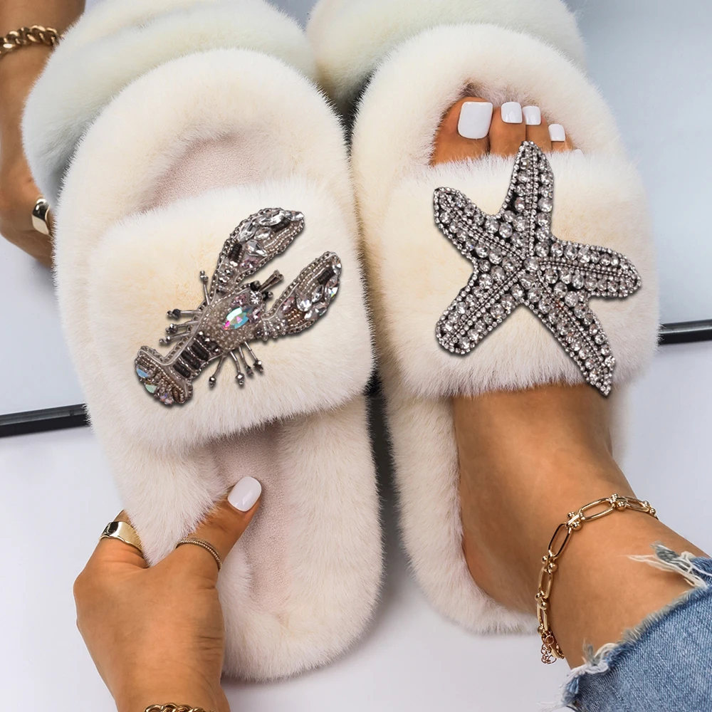 Fluffy Slides Faux Fur Slippers Female Lobster Starfish Fur Sandals Indoor Fashion Slippers Platform Flip Flops Designer Shoes