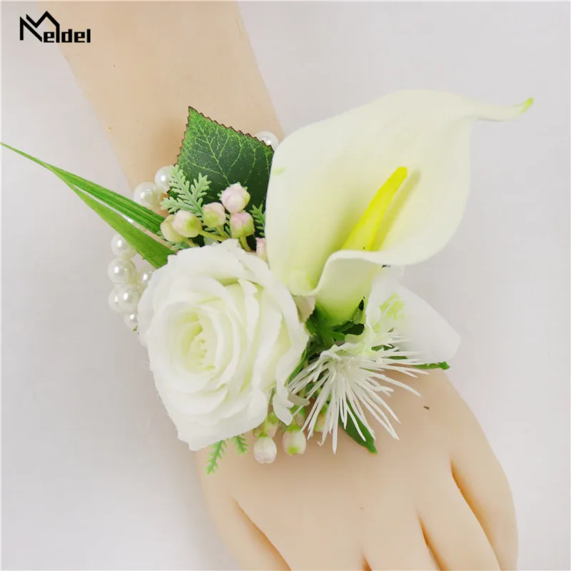 Meldel เจ้าบ่าวแต่งงาน Boutonniere PU Calla Lily ประดิษฐ์ผ้าไหมกุหลาบดอกไม้ผู้ชายเข็มกลัด Corsage PARTY PROM อุปกรณ์เสริม