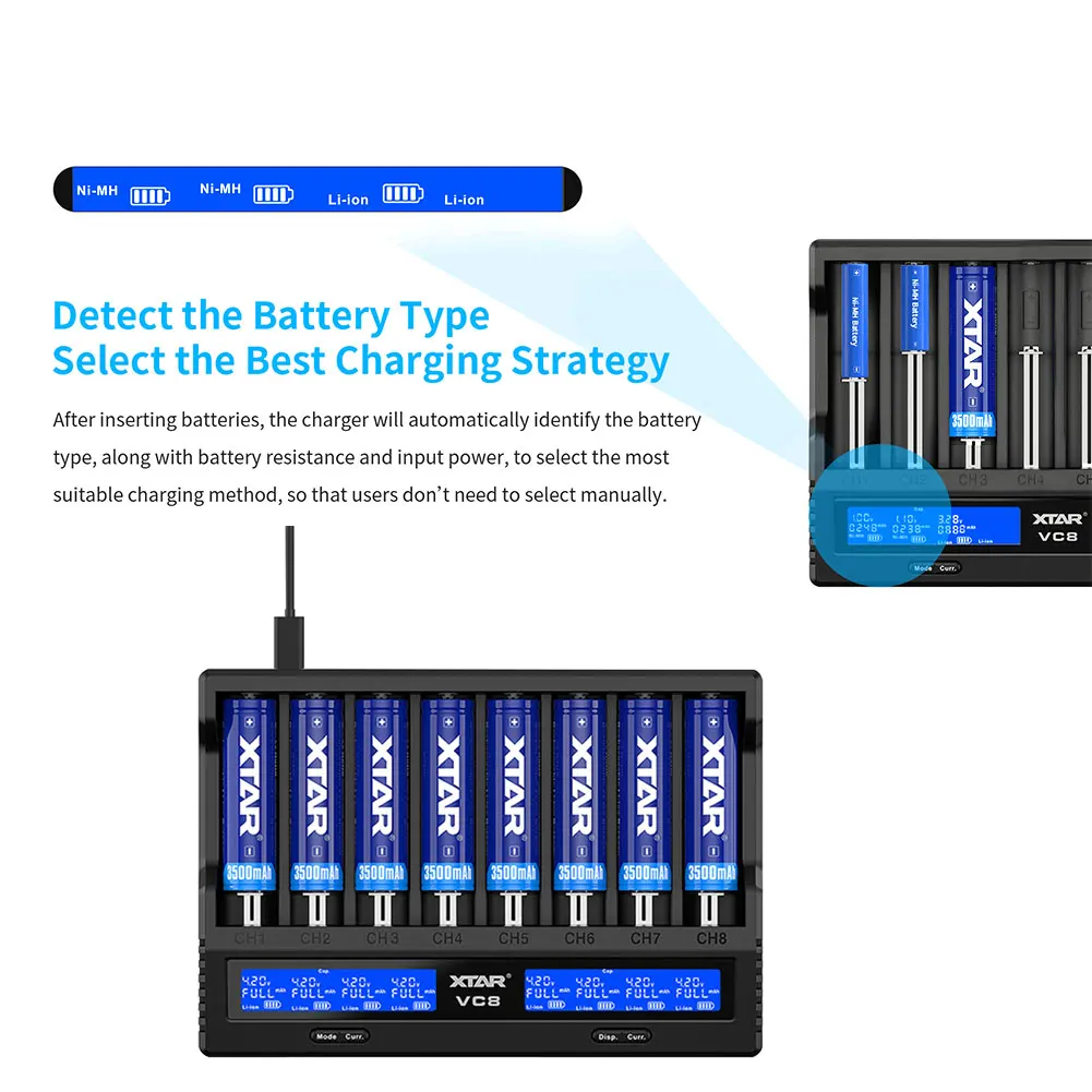 شاحن بطارية بشاشة LCD VC8 من كتلة الطاقة ، شاحن ذكي ذكي لبطارية الليثيوم AA AAA NiMH NiCd ، 8 Bay