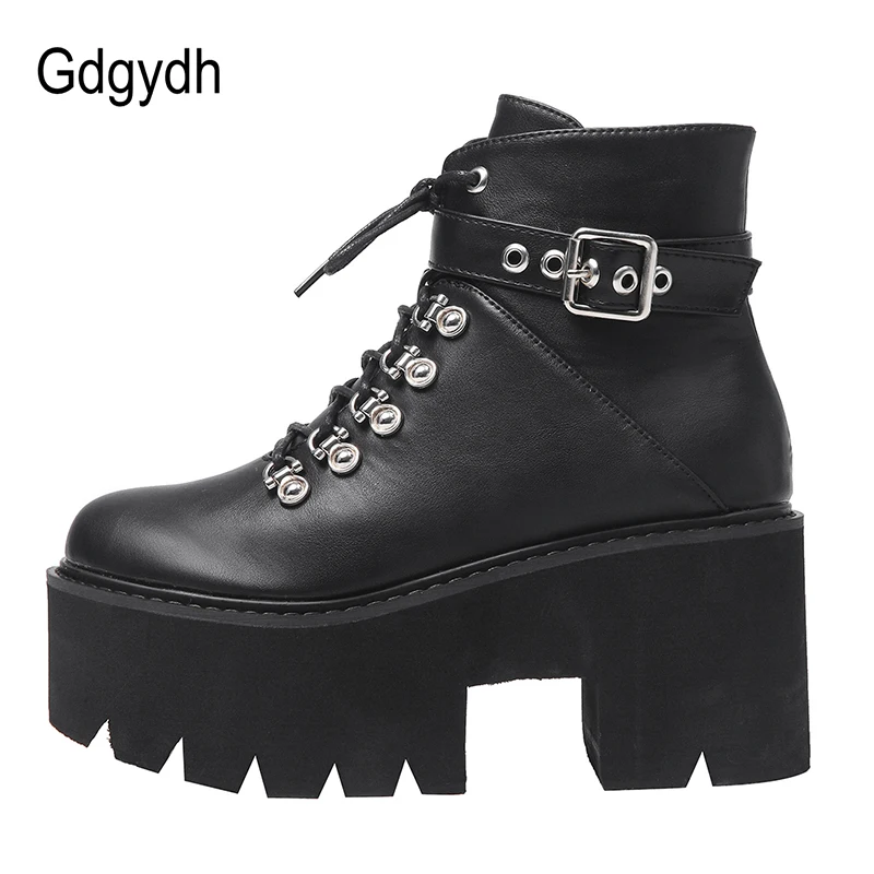 Gdgydh Autumn Winter Chunky Heel Platform Boots Lace-up Black Gothic Boots Women Plush Inside Comfortable Sexy Buckle Footwear