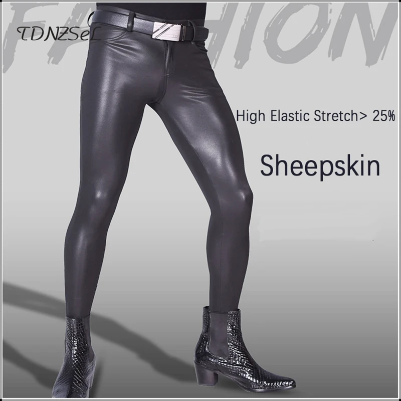 

Men Sexy Soft Latex Leather Sheepskin Exotic Skinny Pants Elastic Latex Pantyhose Gay Punk Leggings Custom Fetish Dance Costume