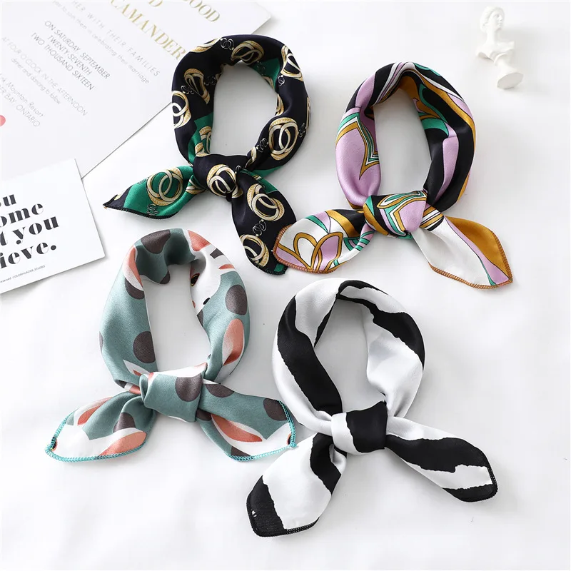 Square Silk Scarf Women Print Small Neck Scarves Office Female Hair Tie Band Waps Foulard Hand Kerchief Lady Elegant Retro Shawl