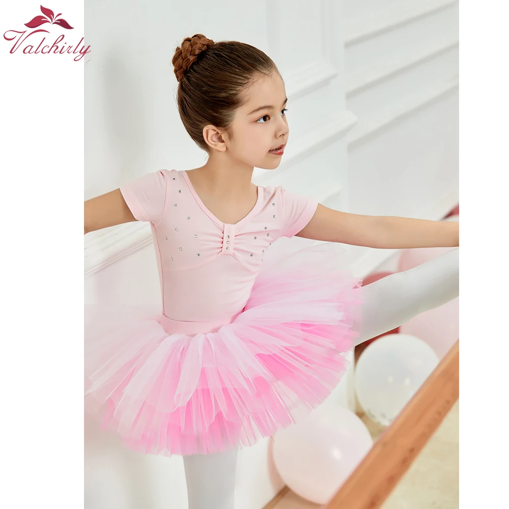 Girls Short Sleeves Ballet Letard Dance Dress Kids Ballerina Tutu Bodysuit Dance Clothing for Children