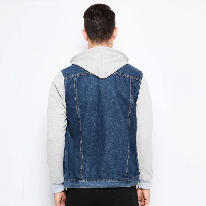 Denim Jacket Men Hooded Jeans Jackets Mens Fashion Patchwork Hoodies Casual Cowboy Mens Jacket Streetwear Mens Jackets and Coats