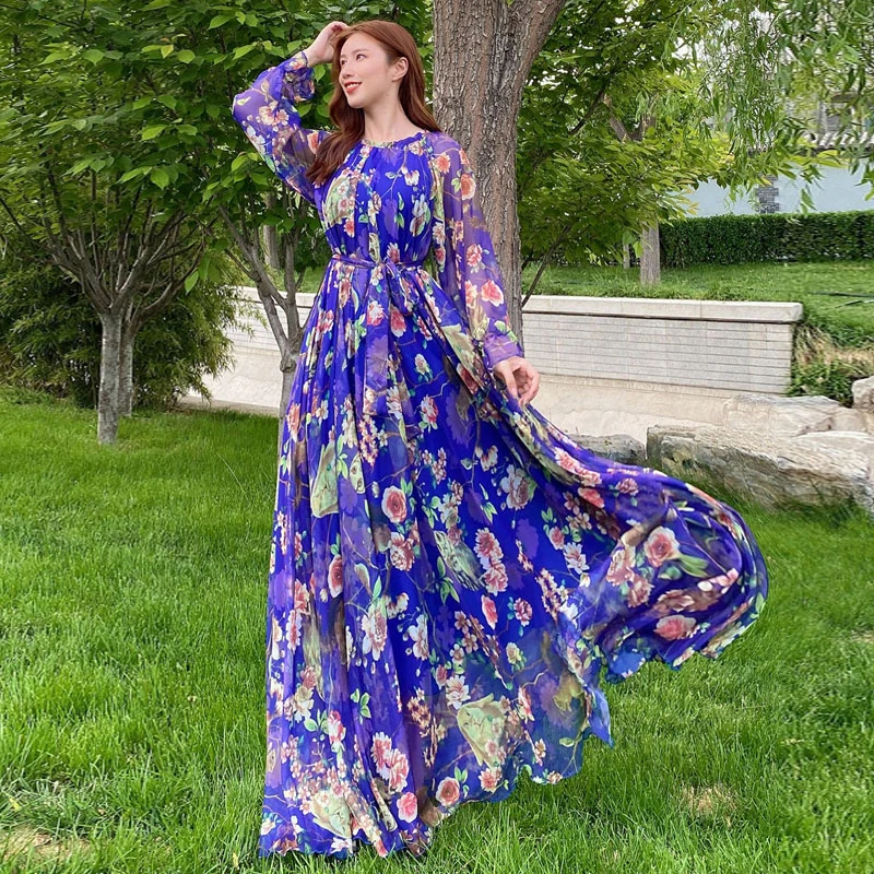 Summer Holiday Party Boho Maxi Dress Women\'s Long Sleeve Chiffon Floral Print Ruffles Loose Elegant Long Dress