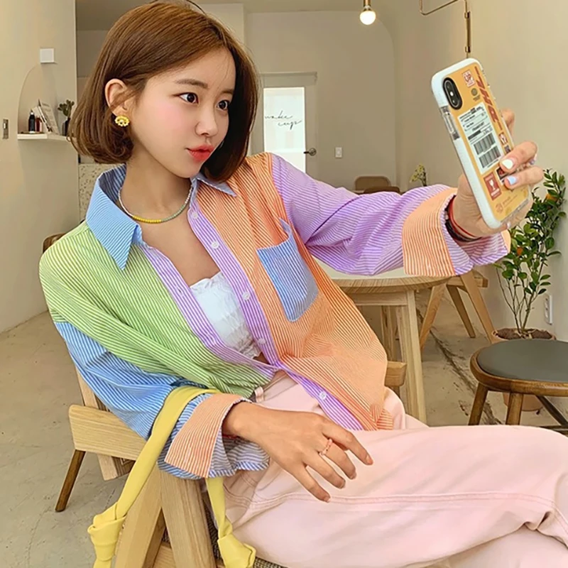 Korea Summer Women Fashion Hit Color Striped Long Sleeve Casual Shirts 2024 Female Turn Down Collar Chic Casual Blouses Top