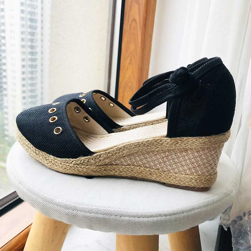 Veowalk Bohemian Summer Women Linen 6cm Wedge Espadrilles Sandals Handmade Ankle Strap Close Toe Ladies Casual Platform Shoes