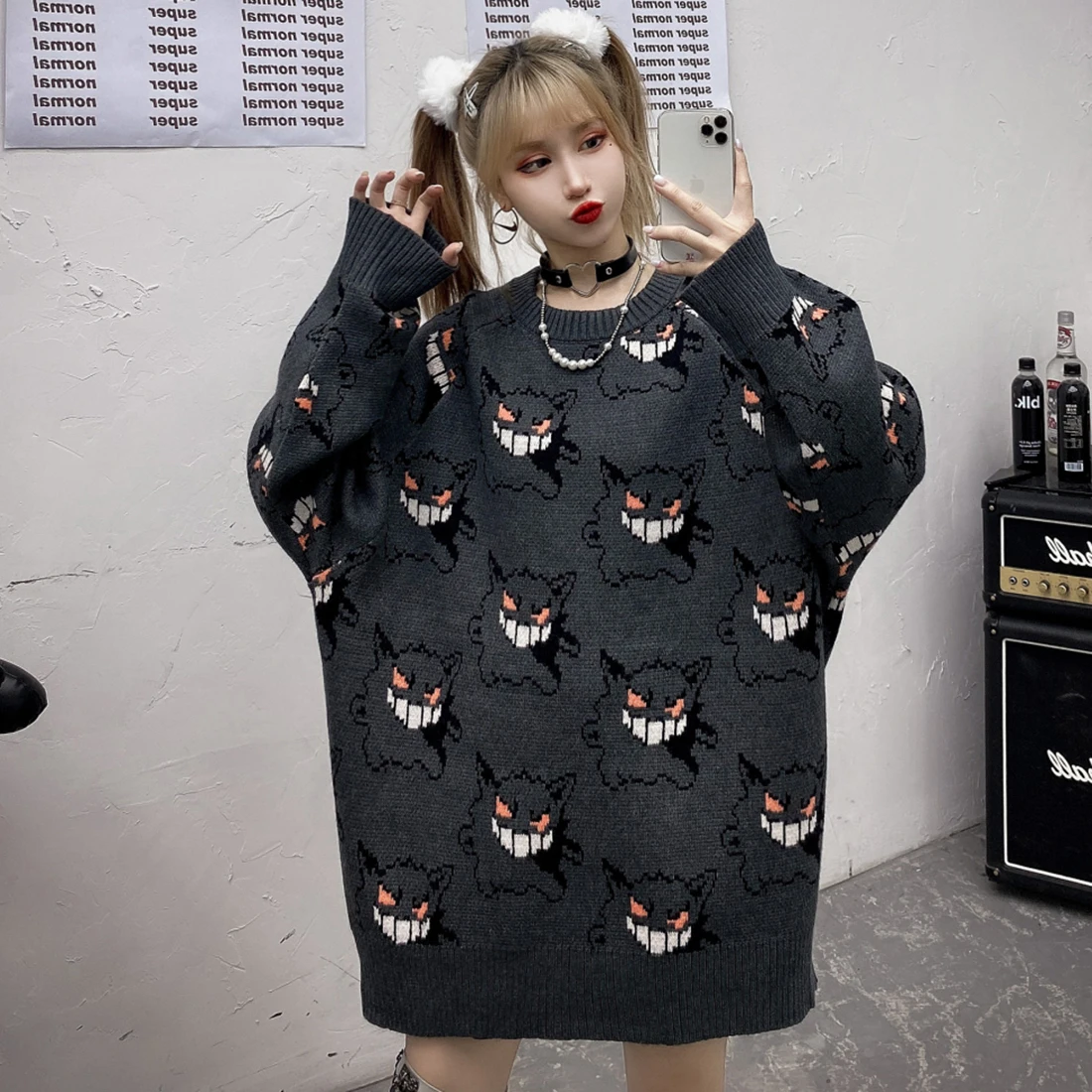 Atsunset fantasmas anime tricô camisola hip hop harajuku camisola estilo streetwear vintage pulôver camisola outono e inverno topo