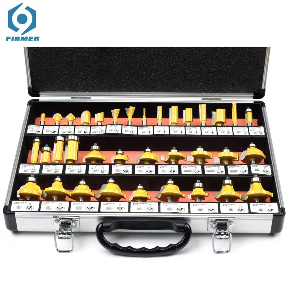 35pcs 8mm 1/4 1/2 Inch Shank Tungsten Carbide Router Bit Set Woodworking Milling Cutters Trimming Knife Wood Tools with Case Box