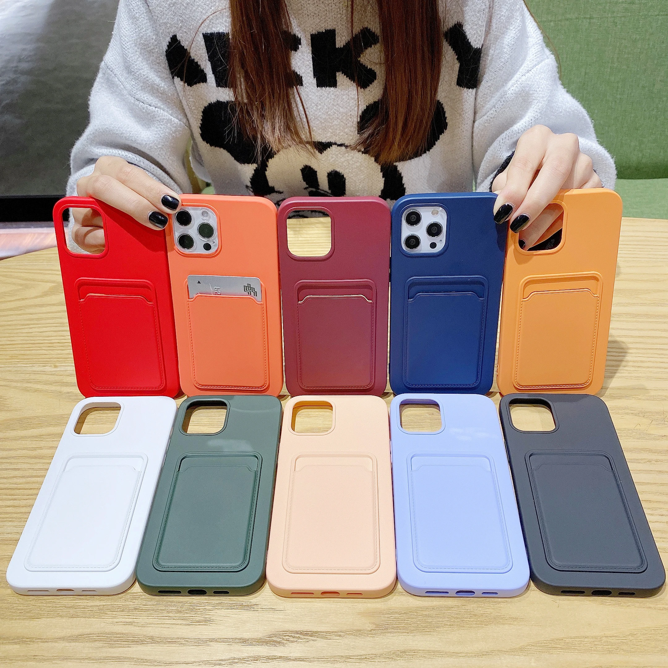 Funda de silicona suave a prueba de golpes para iPhone 14 13 12 Mini 11 Pro Max XS XR 8 Plus, funda protectora con ranuras para tarjetas