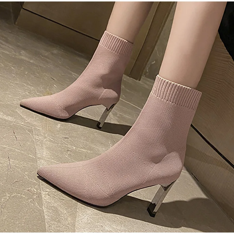 Nice Women Stretch Sock Boots Pointed Toe Female Heels Shoes Autumn Winter Woman Square Heels Ankle Boot Elastic Fabric Shoes