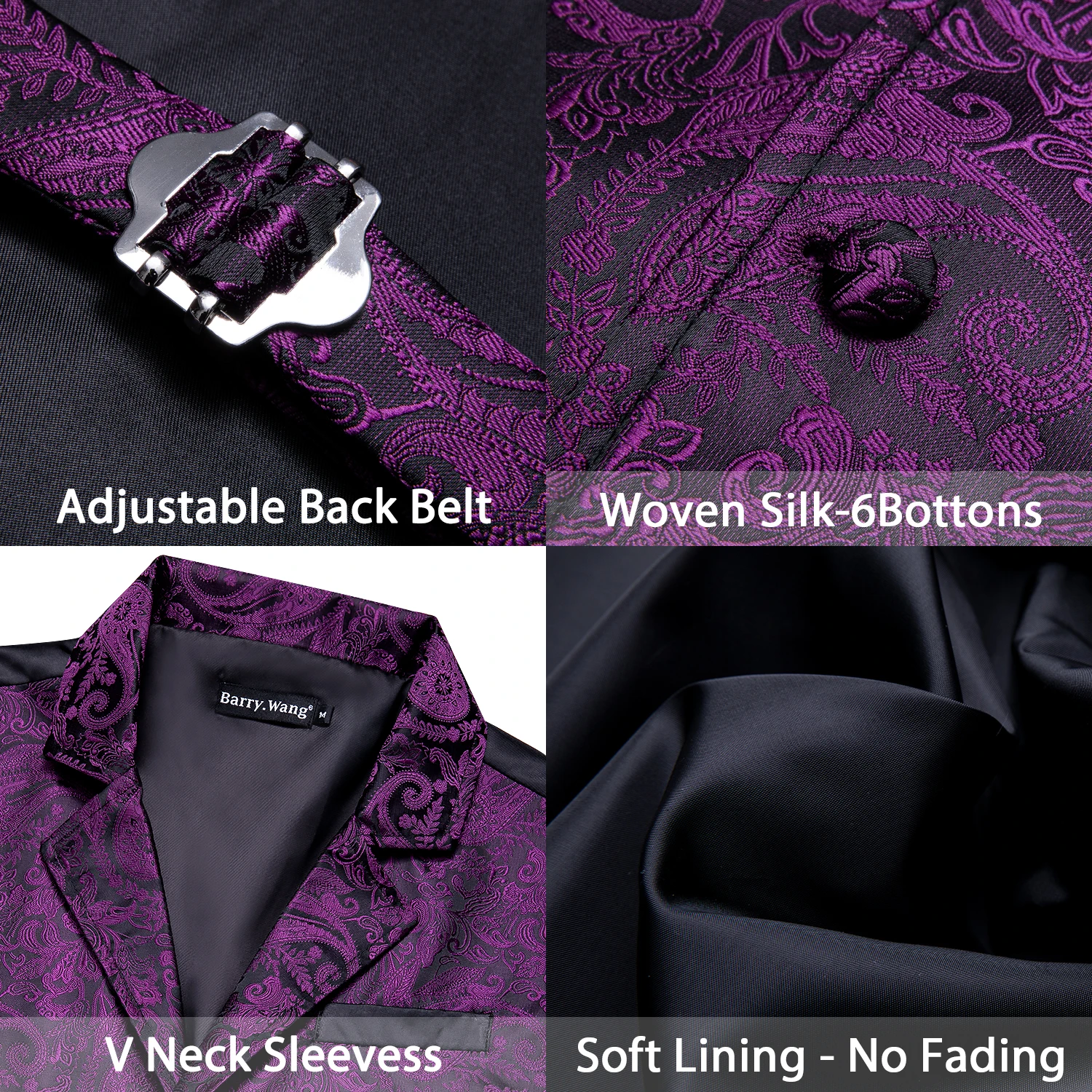 Barry.Wang Purple Floral Herringbone Vest Coat Men Silk Suit Vest Single-Breasted Notched Lapel Waistcoat MD-2103