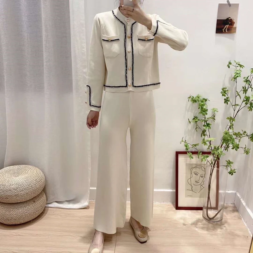 Winter Black Brief Temperament Knitted Pants Two Piece Set Women Casual Braided Trim Gold Button Cardigan Sweater + Pants Suits