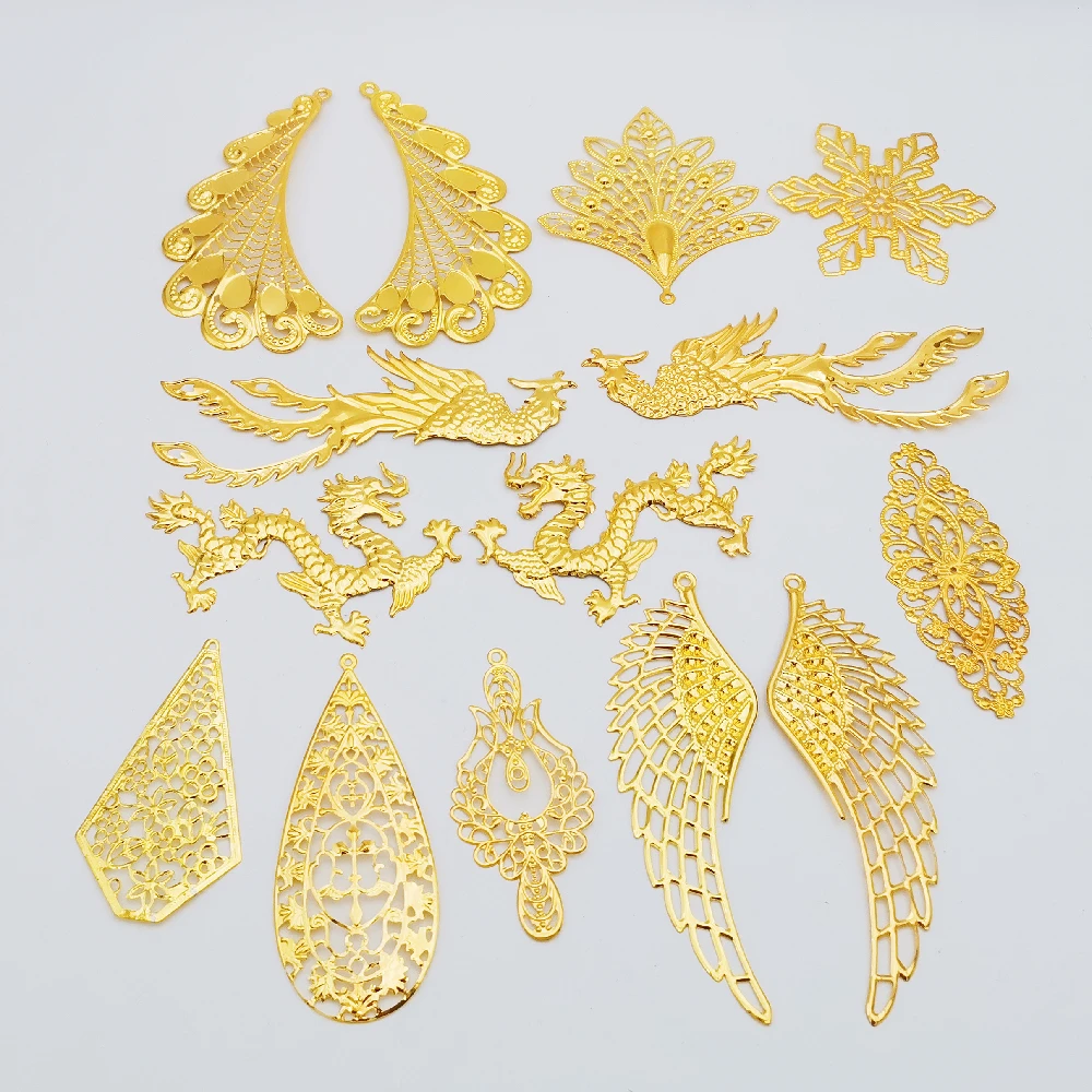 10 Pieces Gold color Phoenix dragon Metal Filigree Big Flowers Slice Charms Wrap Connector Jewelry DIY Components Hair Accessory