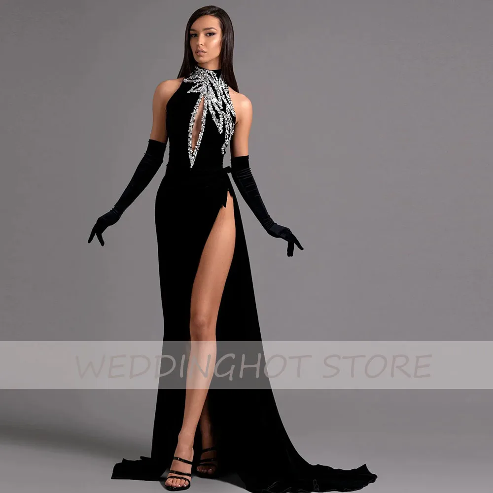 Beading Mermaid Evening Dresses 2023 Luxury Sexy Black O-Neck Ball Gowns Elegant Side Split Satin Party Dress robes de soirée