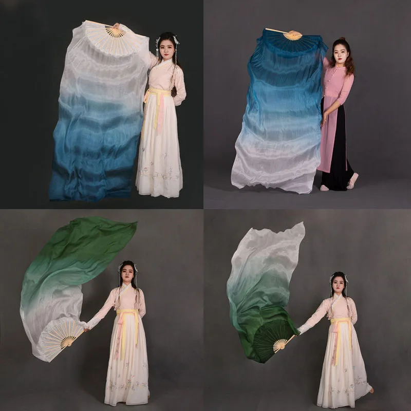 New 1Pair (1L+1R) Belly Dancing Real Silk Fan Veils Gradient color 100% Silk Fans Veil Classic Dance Fan for Girls Adults