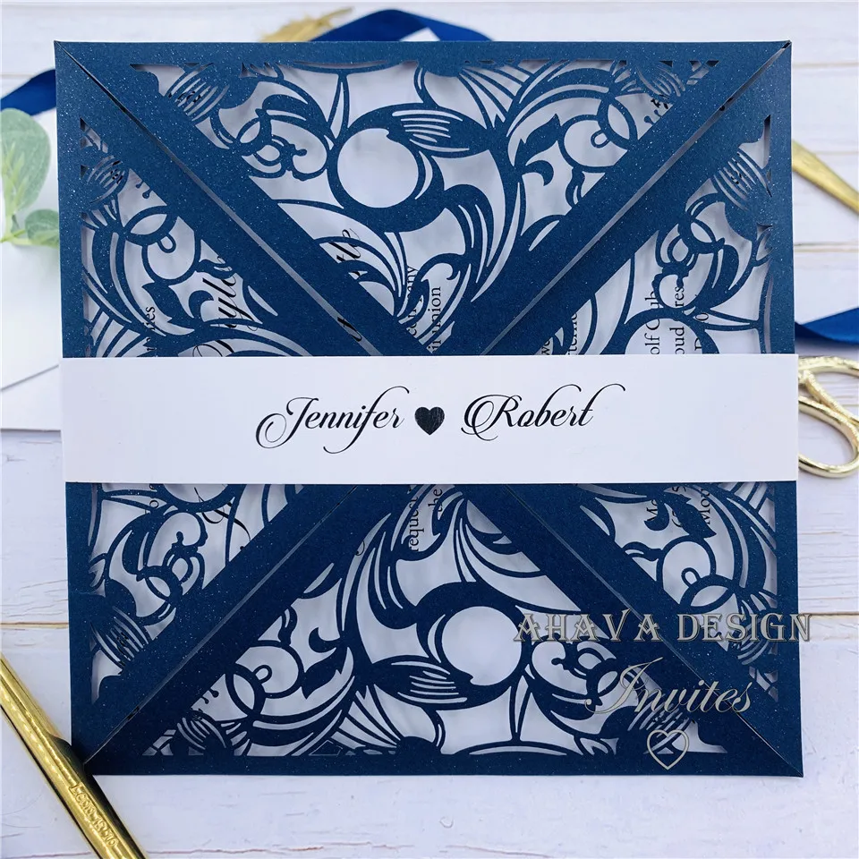 Classic Navy Invites, Square Flower Laser Cut Wrap With Customized Belly Band