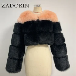 ZADORIN New Fashion Cropped Furry Faux Fur Coat Women Short Mixed Color Long Sleeve Front Zipper Faux Fur Jacket Crop Coat