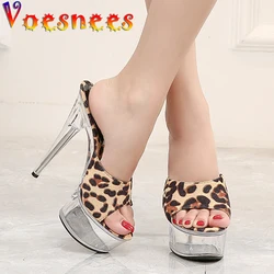 Voesnees Women Sandals High-heeled Crystal Bottom Leopard-print Shoes Summer Slippers Sexy Asakuchi Stiletto Catwalk Slides