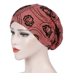 Creativo fiore rosa pizzo turbante sciarpa cappellini estate autunno musulmano berretto chemio cappello donna accessori per capelli avvolgere la testa femminile