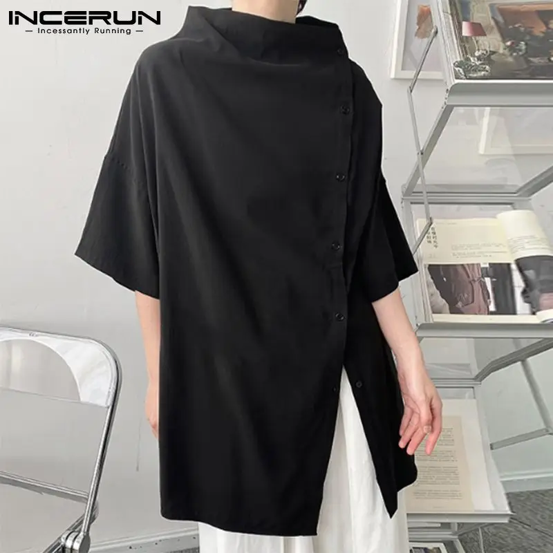 INCERUN 2023 Men Irregular Shirt Solid Color Turtleneck Half Sleeve Button Camisas Streetwear Fashion Casual Shirts Men S-5XL