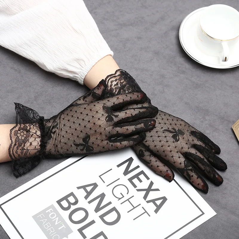 Guantes de encaje de moda Sheers para mujer, guantes de rejilla con lazo, guantes de conducción de dedo completo para fiesta de niñas