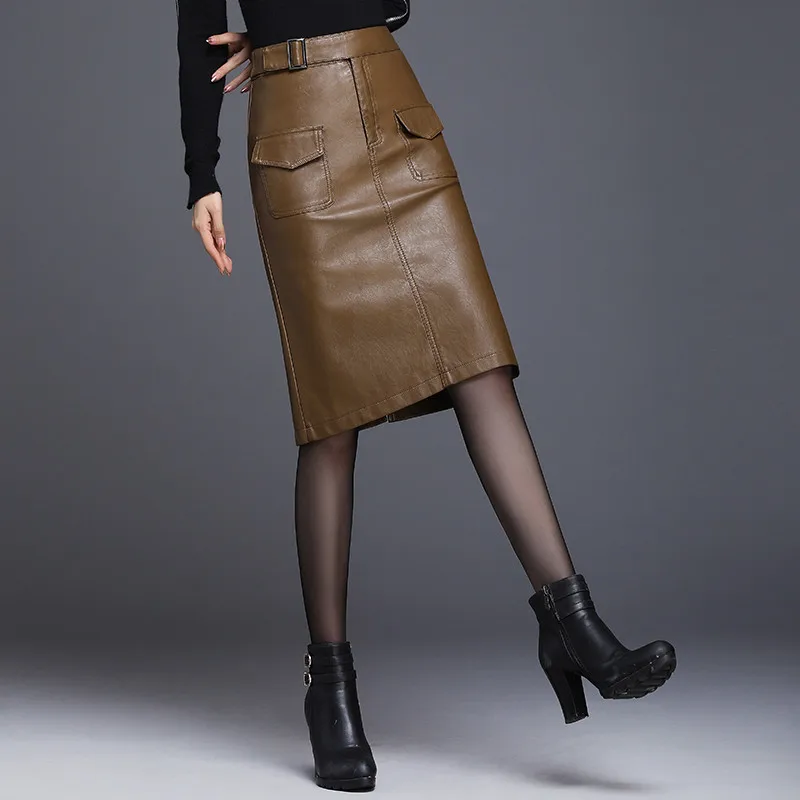 PU Leather Skirts Womens Faldas 2022 Autumn High Waist Wrap Hip Split Leather Skirt Ladies Midi Long Skirt Brown W1612