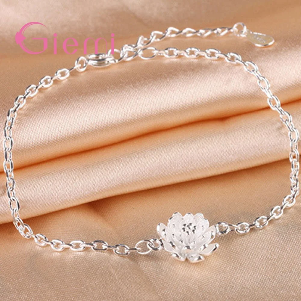 Fashion Pure 925 Silver Trendy New Arrival Simple Luxury Lotus Flower Bracelet For Women Girls Lover Anniversary Gifts