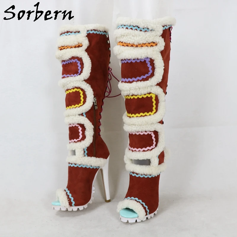 Sorbern Brown Red Boots Women Knee High Plush Ball Lace Up Back Open Toe Shoes Fetish High Heel Rubber Sole Stilettos Winter