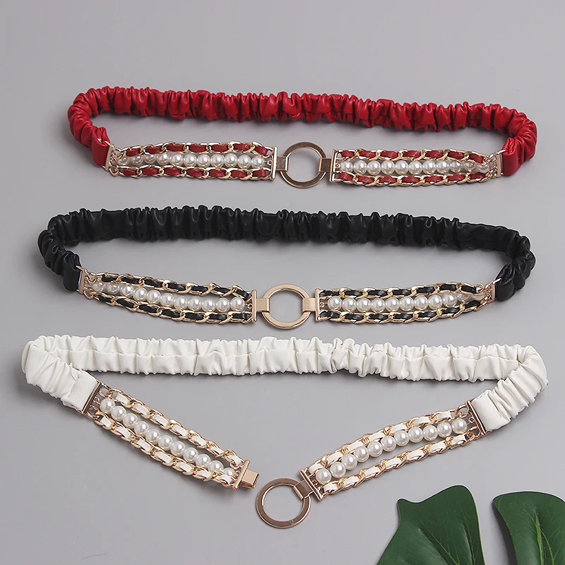 المرأة المدرج موضة اللؤلؤ مطرز بولي Leather الجلود سلسلة فستان Cummerbunds الكورسيهات حزام أحزمة الديكور حزام TB751